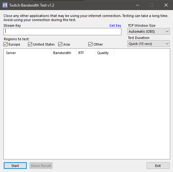 Twitch bandwidth test tool