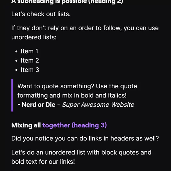Twitch panel markdown template