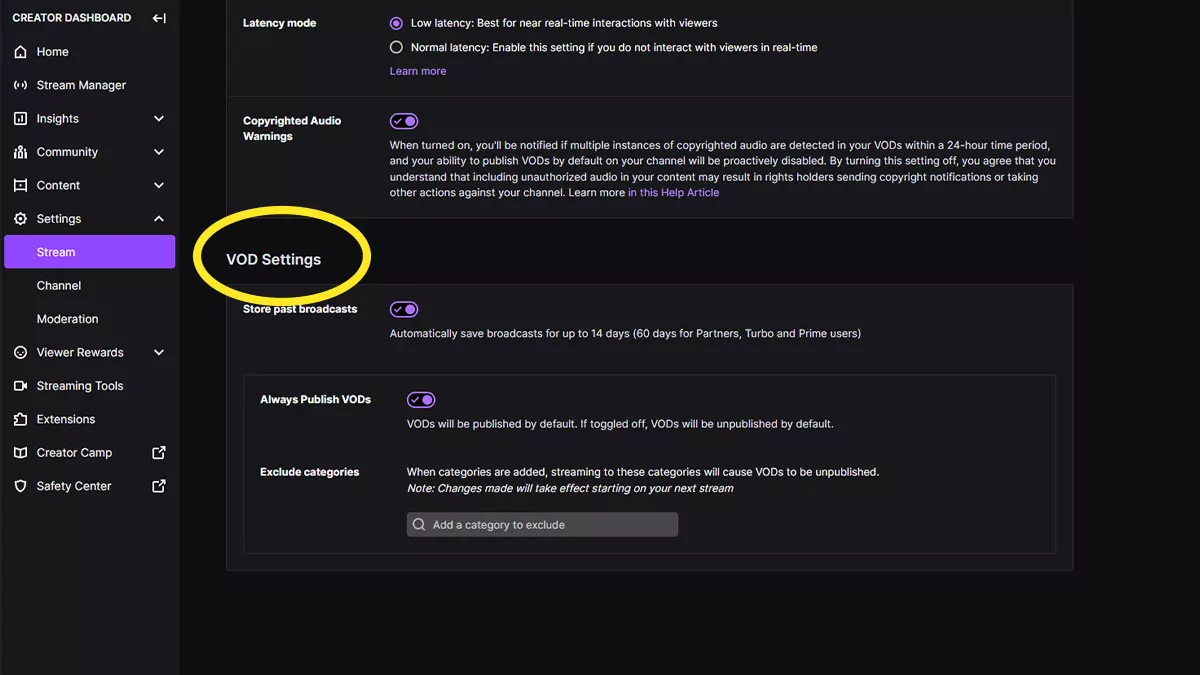 Twitch VOD settings