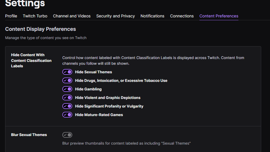 content display preferences twitch uai